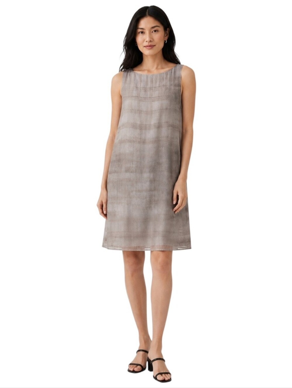 Eileen Fisher Oxidized Printed Silk Shift Dress Sleeveless Women's Gray Taupe